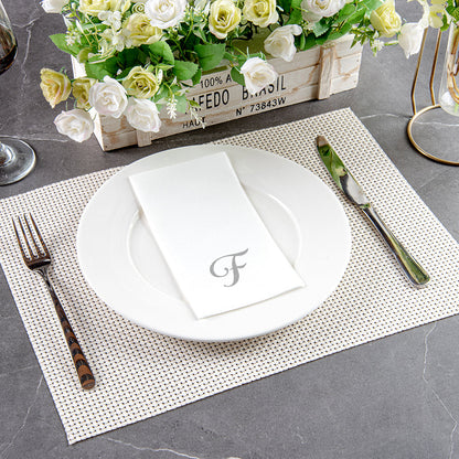 Luxenap Rectangle Silver Letter F White Paper Linen-Feel Guest Towel / Napkin - Air Laid, Cursive Font - 15 3/4" x 8" - 50 count box