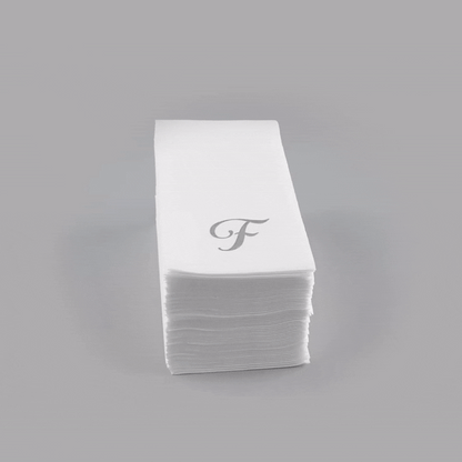 Luxenap Rectangle Silver Letter F White Paper Linen-Feel Guest Towel / Napkin - Air Laid, Cursive Font - 15 3/4" x 8" - 2000 count box