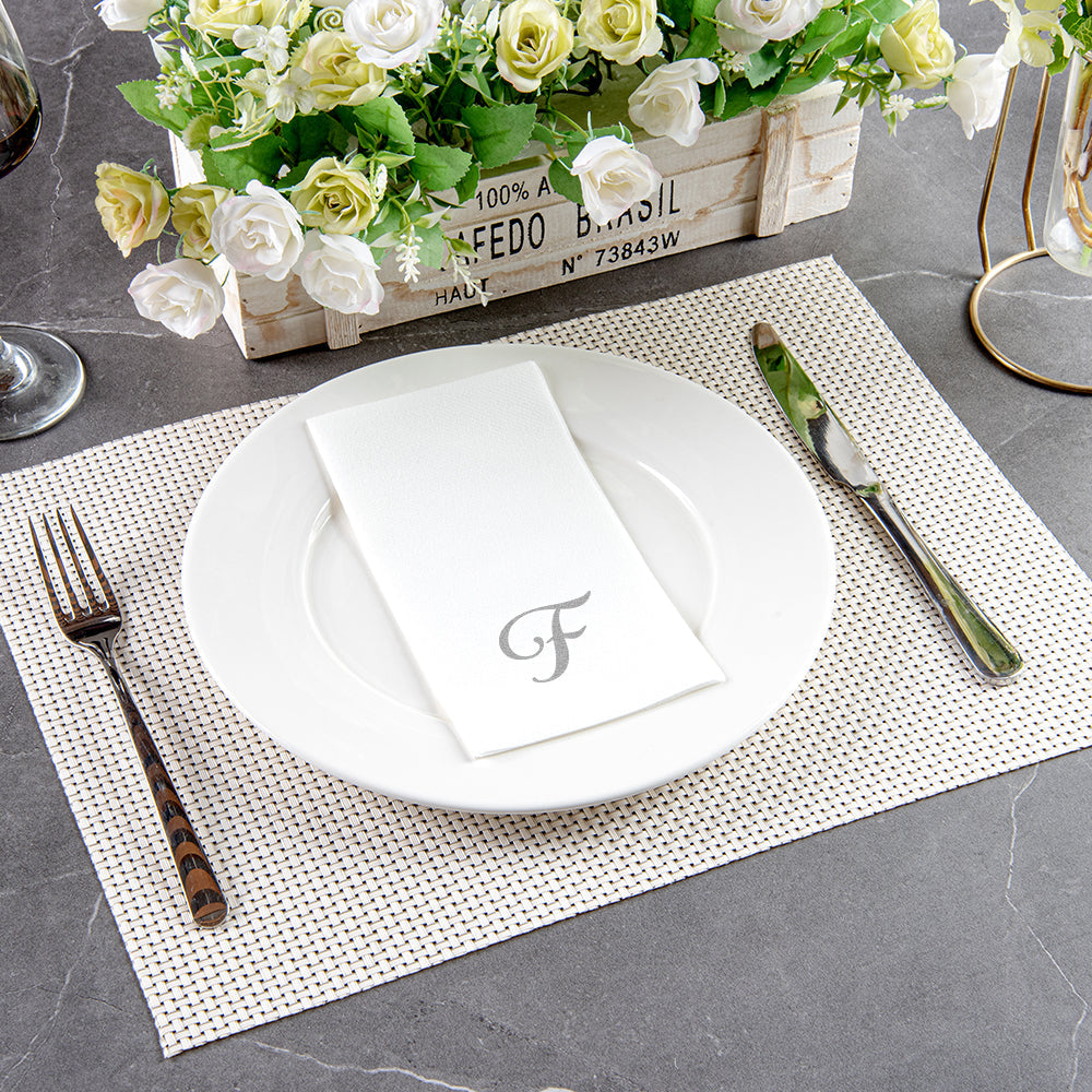 Luxenap Rectangle Silver Letter F White Paper Linen-Feel Guest Towel / Napkin - Air Laid, Cursive Font - 15 3/4" x 8" - 2000 count box