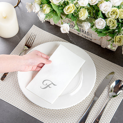 Luxenap Rectangle Silver Letter F White Paper Linen-Feel Guest Towel / Napkin - Air Laid, Cursive Font - 15 3/4" x 8" - 2000 count box