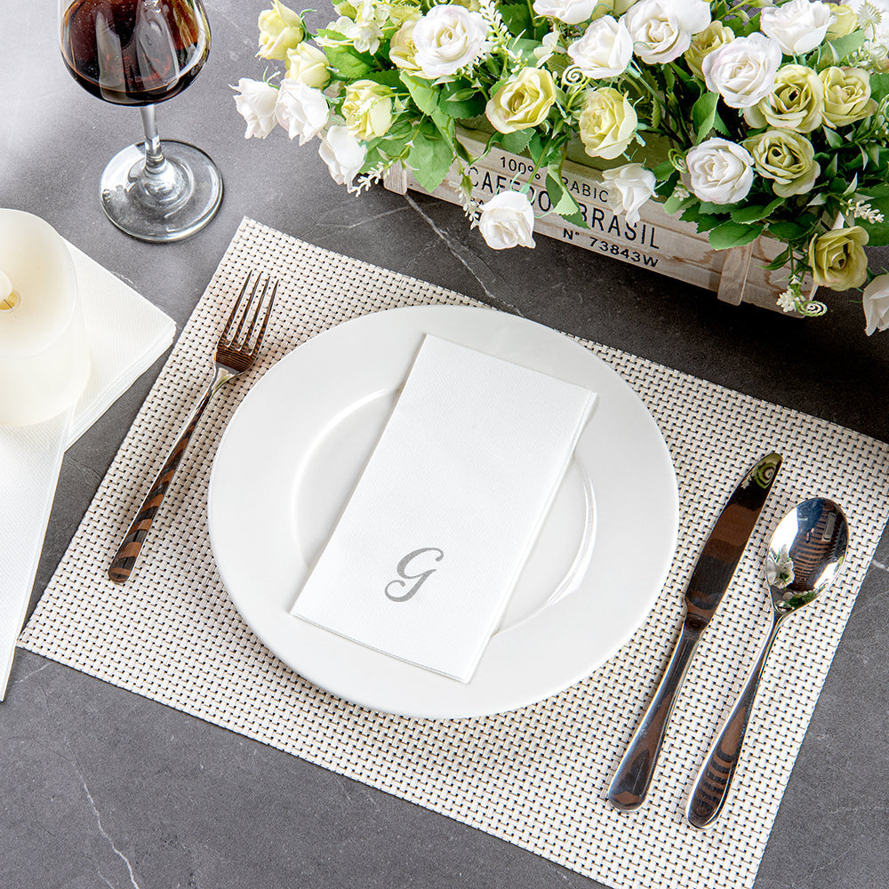 Luxenap Rectangle Silver Letter G White Paper Linen-Feel Guest Towel / Napkin - Air Laid, Cursive Font - 15 3/4" x 8" - 2000 count box