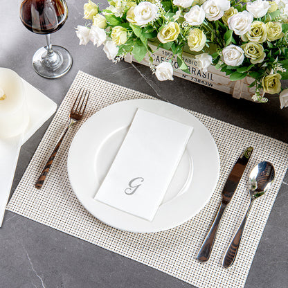 Luxenap Rectangle Silver Letter G White Paper Linen-Feel Guest Towel / Napkin - Air Laid, Cursive Font - 15 3/4" x 8" - 2000 count box