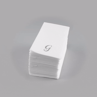 Luxenap Rectangle Silver Letter G White Paper Linen-Feel Guest Towel / Napkin - Air Laid, Cursive Font - 15 3/4" x 8" - 2000 count box