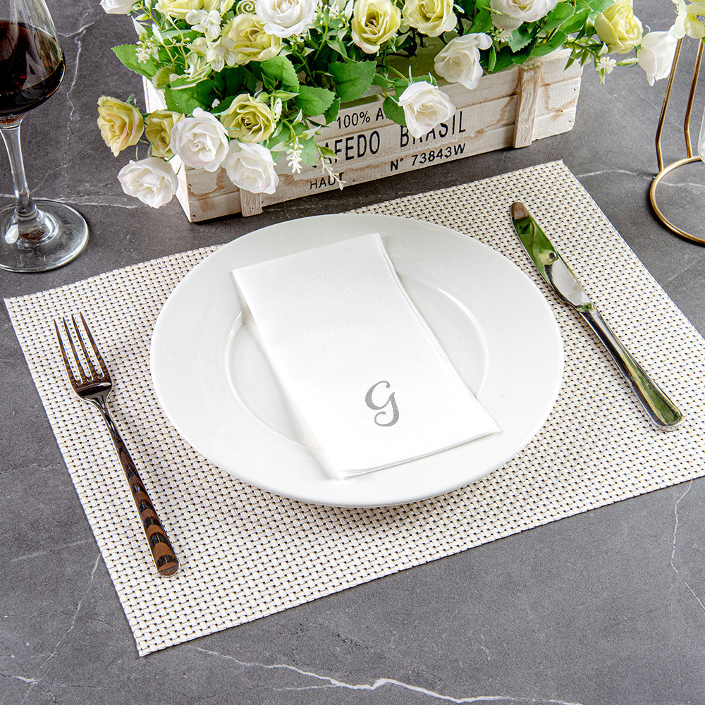Luxenap Rectangle Silver Letter G White Paper Linen-Feel Guest Towel / Napkin - Air Laid, Cursive Font - 15 3/4" x 8" - 2000 count box