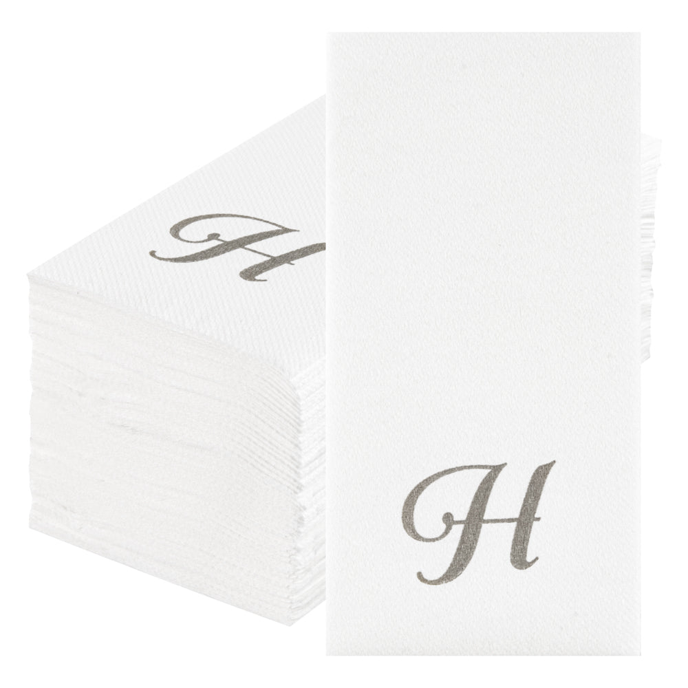Luxenap Rectangle Silver Letter H White Paper Linen-Feel Guest Towel / Napkin - Air Laid, Cursive Font - 15 3/4" x 8" - 50 count box