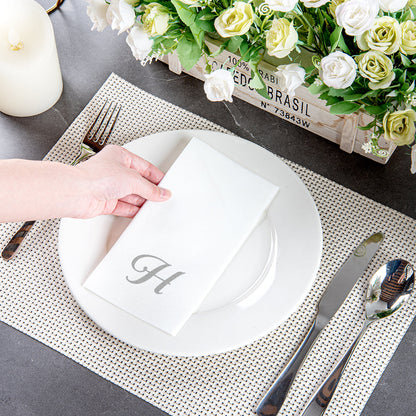 Luxenap Rectangle Silver Letter H White Paper Linen-Feel Guest Towel / Napkin - Air Laid, Cursive Font - 15 3/4" x 8" - 50 count box