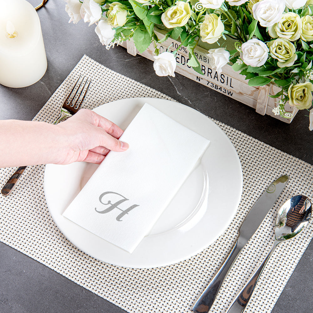 Luxenap Rectangle Silver Letter H White Paper Linen-Feel Guest Towel / Napkin - Air Laid, Cursive Font - 15 3/4" x 8" - 2000 count box