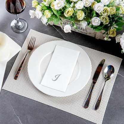 Luxenap Rectangle Silver Letter I White Paper Linen-Feel Guest Towel / Napkin - Air Laid, Cursive Font - 15 3/4" x 8" - 2000 count box