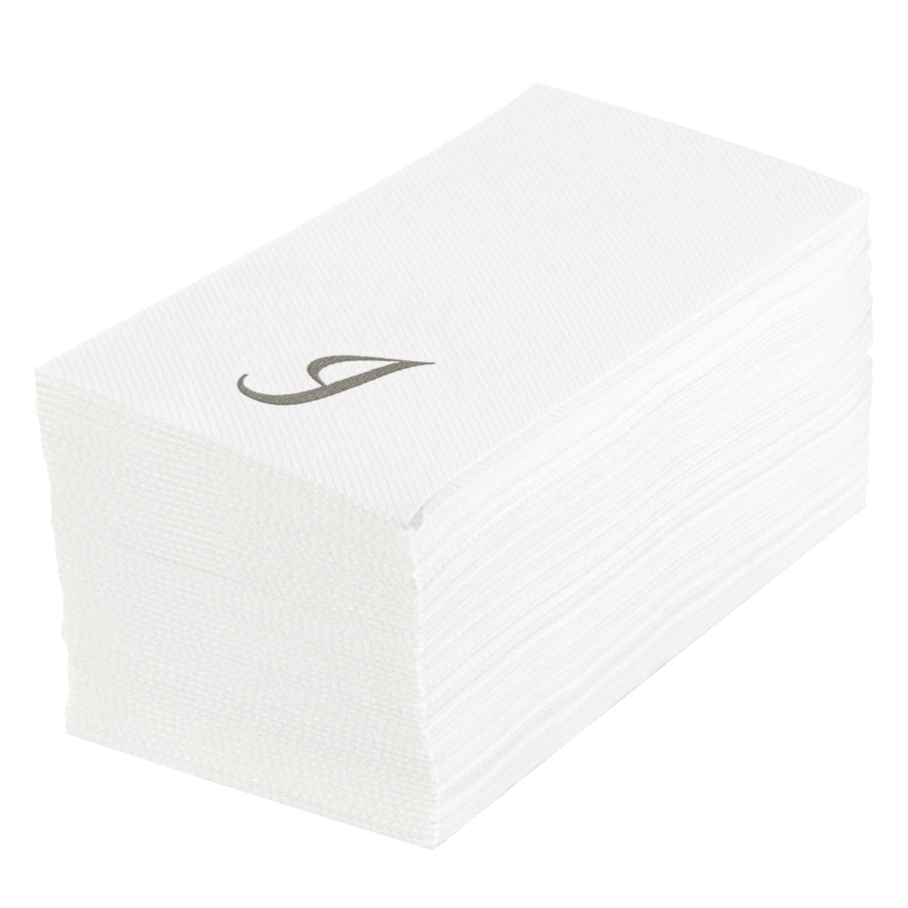 Luxenap Rectangle Silver Letter I White Paper Linen-Feel Guest Towel / Napkin - Air Laid, Cursive Font - 15 3/4" x 8" - 50 count box