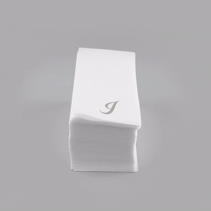 Luxenap Rectangle Silver Letter I White Paper Linen-Feel Guest Towel / Napkin - Air Laid, Cursive Font - 15 3/4" x 8" - 50 count box