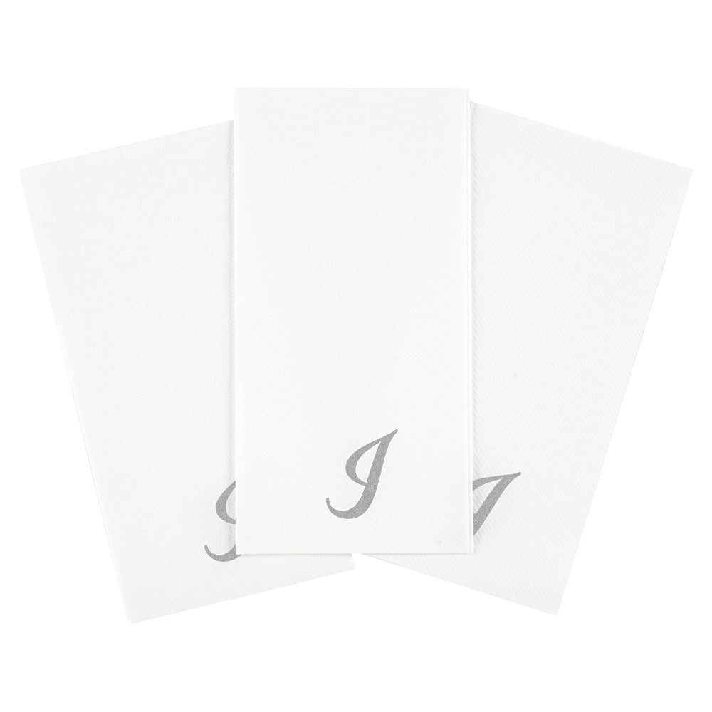 Luxenap Rectangle Silver Letter I White Paper Linen-Feel Guest Towel / Napkin - Air Laid, Cursive Font - 15 3/4" x 8" - 50 count box