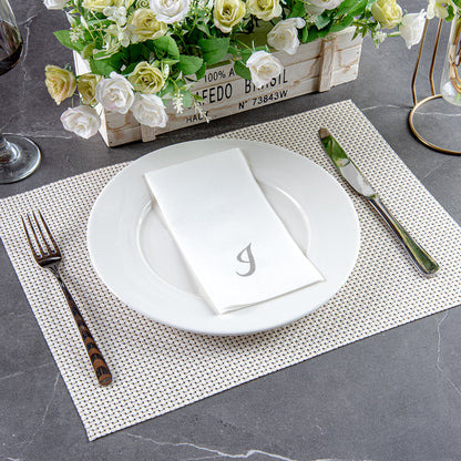 Luxenap Rectangle Silver Letter I White Paper Linen-Feel Guest Towel / Napkin - Air Laid, Cursive Font - 15 3/4" x 8" - 50 count box