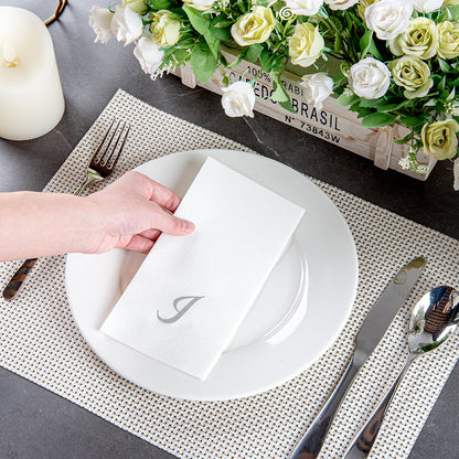 Luxenap Rectangle Silver Letter I White Paper Linen-Feel Guest Towel / Napkin - Air Laid, Cursive Font - 15 3/4" x 8" - 50 count box