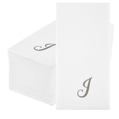 Luxenap Rectangle Silver Letter J White Paper Linen-Feel Guest Towel / Napkin - Air Laid, Cursive Font - 15 3/4" x 8" - 50 count box