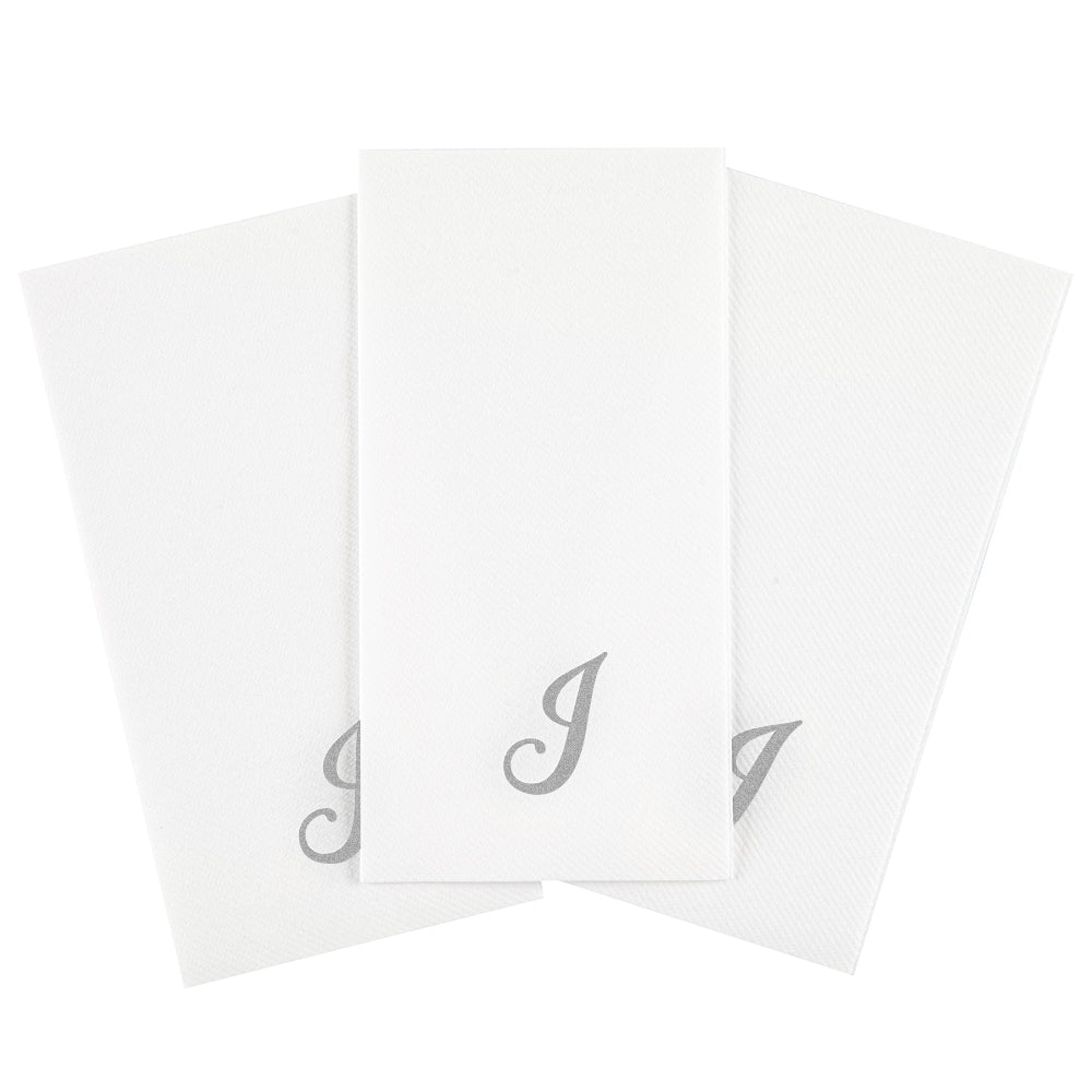 Luxenap Rectangle Silver Letter J White Paper Linen-Feel Guest Towel / Napkin - Air Laid, Cursive Font - 15 3/4" x 8" - 50 count box