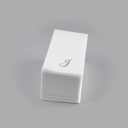 Luxenap Rectangle Silver Letter J White Paper Linen-Feel Guest Towel / Napkin - Air Laid, Cursive Font - 15 3/4" x 8" - 2000 count box
