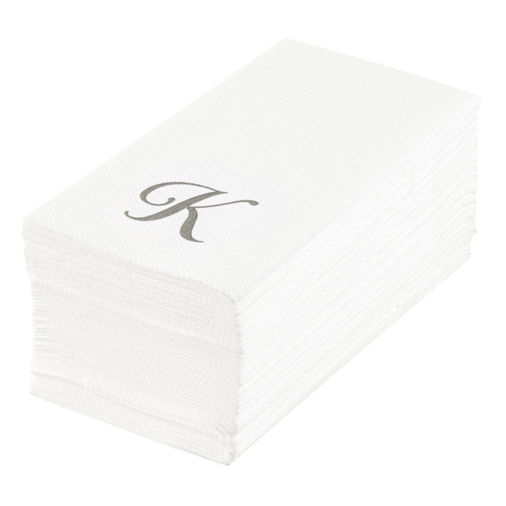 Luxenap Rectangle Silver Letter K White Paper Linen-Feel Guest Towel / Napkin - Air Laid, Cursive Font - 15 3/4" x 8" - 50 count box