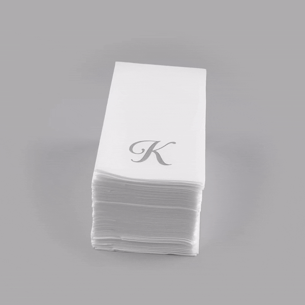 Luxenap Rectangle Silver Letter K White Paper Linen-Feel Guest Towel / Napkin - Air Laid, Cursive Font - 15 3/4" x 8" - 50 count box