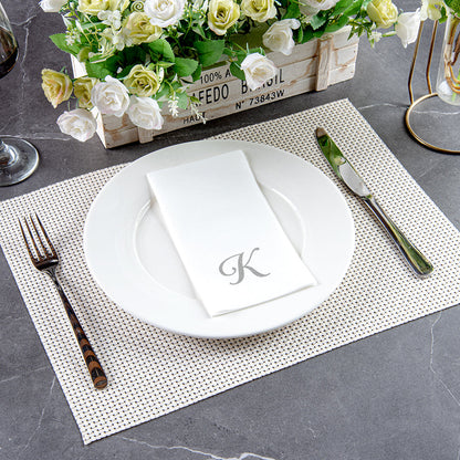 Luxenap Rectangle Silver Letter K White Paper Linen-Feel Guest Towel / Napkin - Air Laid, Cursive Font - 15 3/4" x 8" - 50 count box