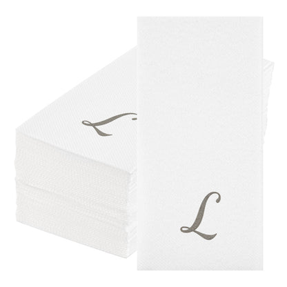 Luxenap Rectangle Silver Letter L White Paper Linen-Feel Guest Towel / Napkin - Air Laid, Cursive Font - 15 3/4" x 8" - 2000 count box