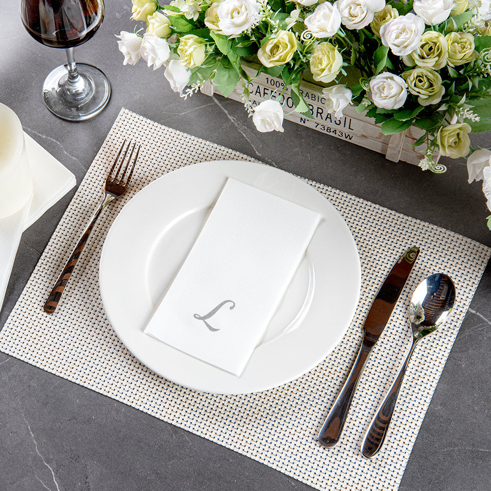 Luxenap Rectangle Silver Letter L White Paper Linen-Feel Guest Towel / Napkin - Air Laid, Cursive Font - 15 3/4" x 8" - 2000 count box