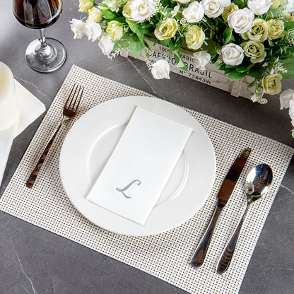 Luxenap Rectangle Silver Letter L White Paper Linen-Feel Guest Towel / Napkin - Air Laid, Cursive Font - 15 3/4" x 8" - 50 count box