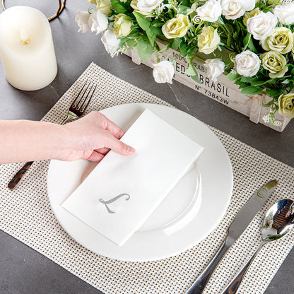 Luxenap Rectangle Silver Letter L White Paper Linen-Feel Guest Towel / Napkin - Air Laid, Cursive Font - 15 3/4" x 8" - 50 count box