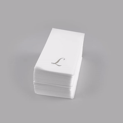 Luxenap Rectangle Silver Letter L White Paper Linen-Feel Guest Towel / Napkin - Air Laid, Cursive Font - 15 3/4" x 8" - 2000 count box
