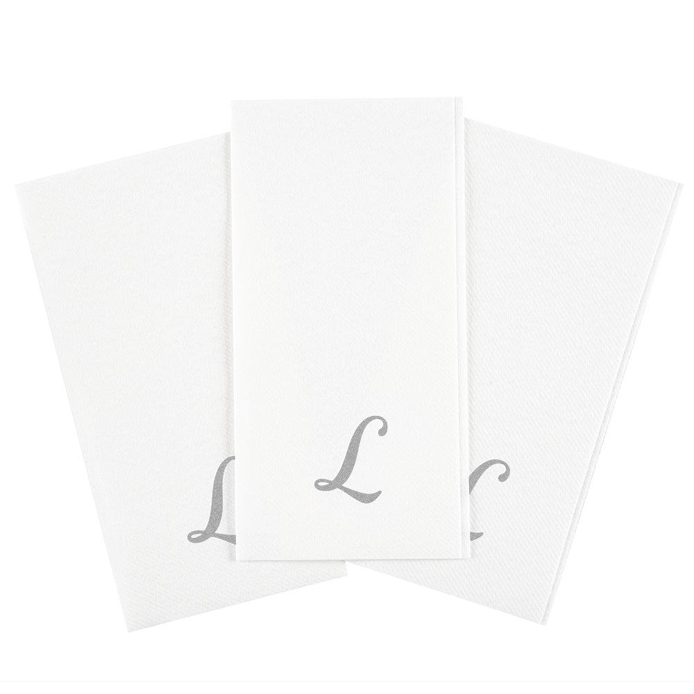 Luxenap Rectangle Silver Letter L White Paper Linen-Feel Guest Towel / Napkin - Air Laid, Cursive Font - 15 3/4" x 8" - 2000 count box