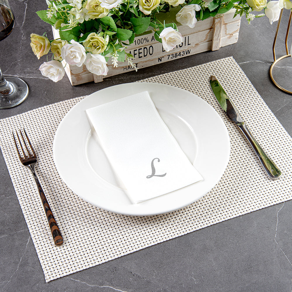 Luxenap Rectangle Silver Letter L White Paper Linen-Feel Guest Towel / Napkin - Air Laid, Cursive Font - 15 3/4" x 8" - 2000 count box