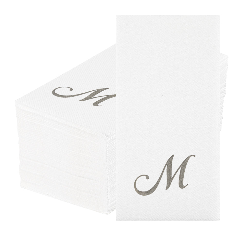 Luxenap Rectangle Silver Letter M White Paper Linen-Feel Guest Towel / Napkin - Air Laid, Cursive Font - 15 3/4" x 8" - 2000 count box