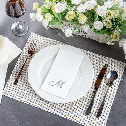 Luxenap Rectangle Silver Letter M White Paper Linen-Feel Guest Towel / Napkin - Air Laid, Cursive Font - 15 3/4" x 8" - 2000 count box