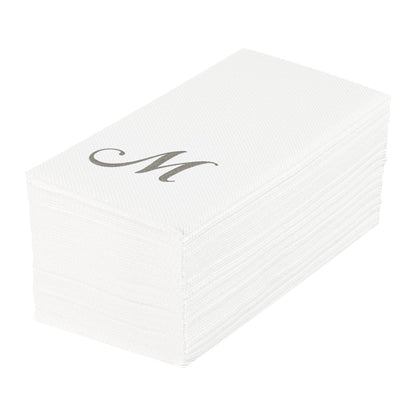 Luxenap Rectangle Silver Letter M White Paper Linen-Feel Guest Towel / Napkin - Air Laid, Cursive Font - 15 3/4" x 8" - 50 count box
