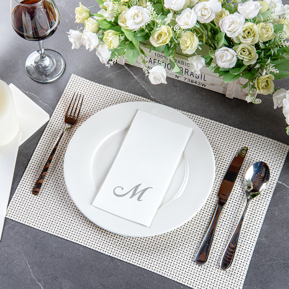 Luxenap Rectangle Silver Letter M White Paper Linen-Feel Guest Towel / Napkin - Air Laid, Cursive Font - 15 3/4" x 8" - 50 count box