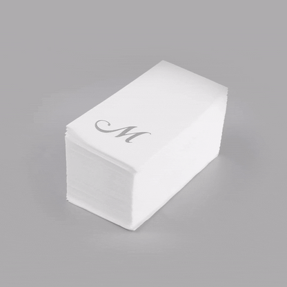 Luxenap Rectangle Silver Letter M White Paper Linen-Feel Guest Towel / Napkin - Air Laid, Cursive Font - 15 3/4" x 8" - 50 count box