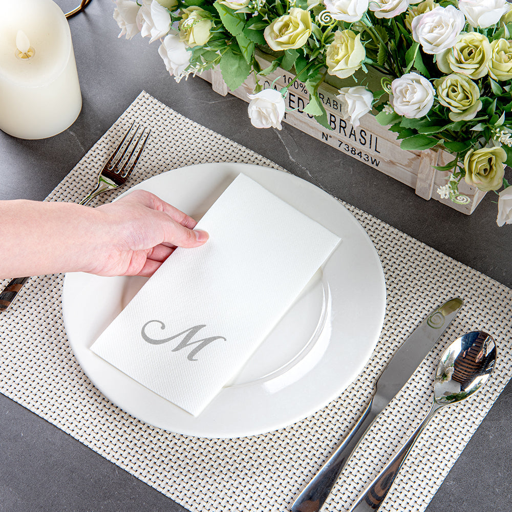Luxenap Rectangle Silver Letter M White Paper Linen-Feel Guest Towel / Napkin - Air Laid, Cursive Font - 15 3/4" x 8" - 50 count box