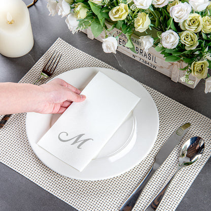 Luxenap Rectangle Silver Letter M White Paper Linen-Feel Guest Towel / Napkin - Air Laid, Cursive Font - 15 3/4" x 8" - 50 count box