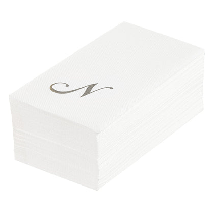 Luxenap Rectangle Silver Letter N White Paper Linen-Feel Guest Towel / Napkin - Air Laid, Cursive Font - 15 3/4" x 8" - 2000 count box