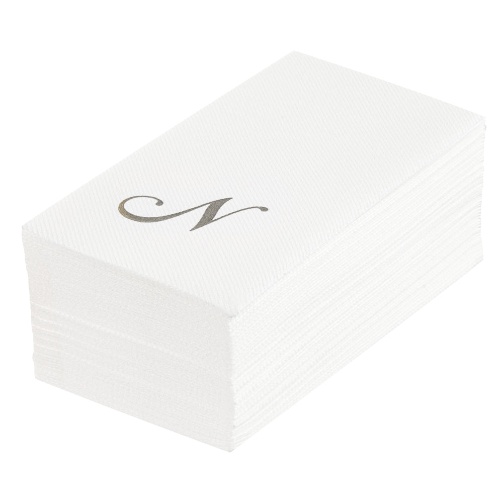 Luxenap Rectangle Silver Letter N White Paper Linen-Feel Guest Towel / Napkin - Air Laid, Cursive Font - 15 3/4" x 8" - 50 count box