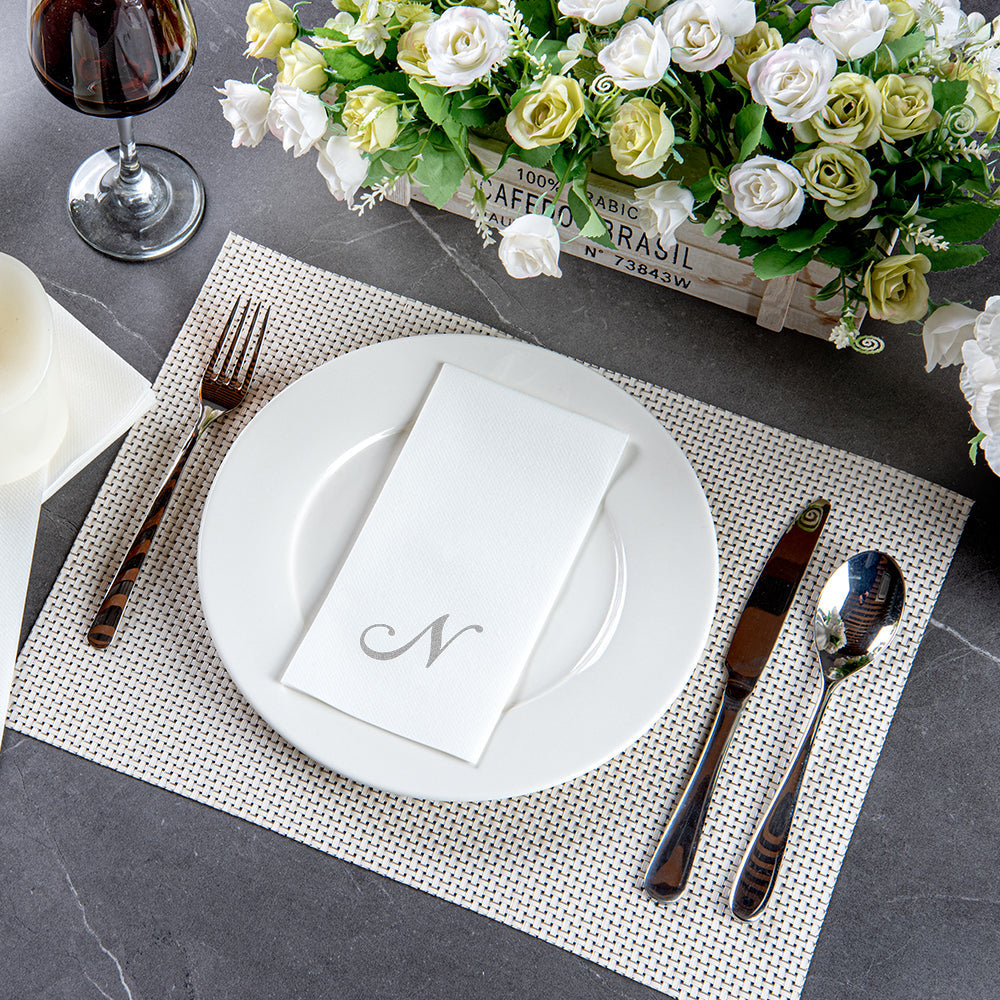 Luxenap Rectangle Silver Letter N White Paper Linen-Feel Guest Towel / Napkin - Air Laid, Cursive Font - 15 3/4" x 8" - 50 count box