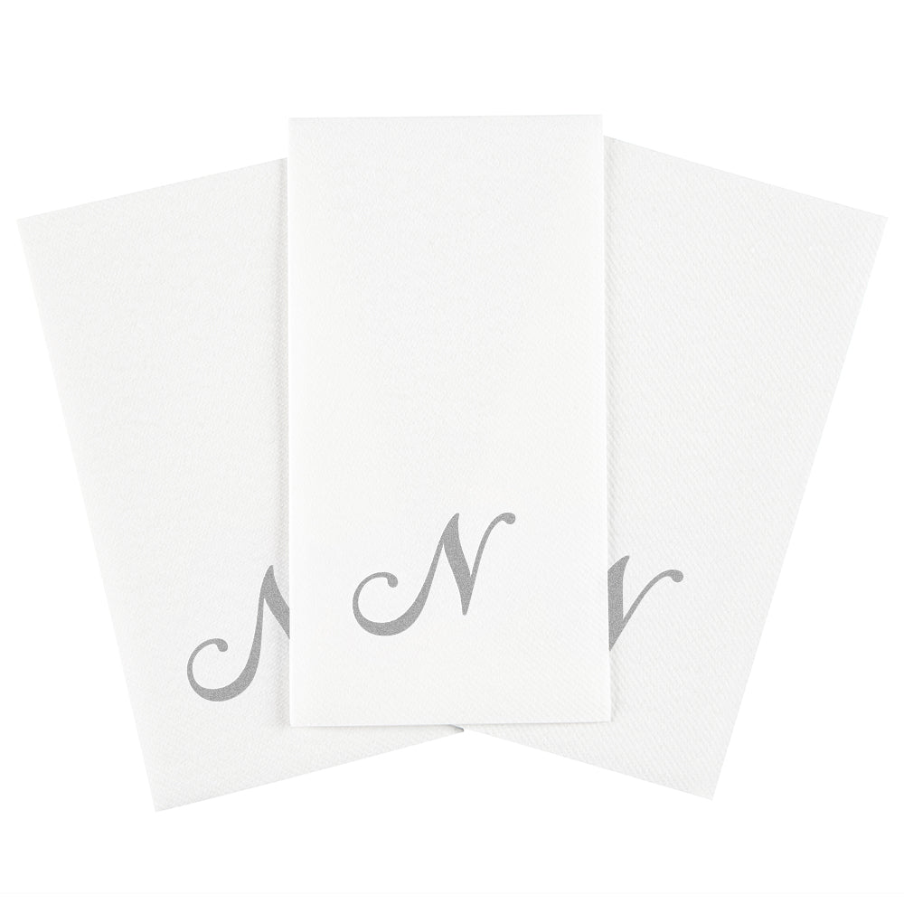 Luxenap Rectangle Silver Letter N White Paper Linen-Feel Guest Towel / Napkin - Air Laid, Cursive Font - 15 3/4" x 8" - 50 count box
