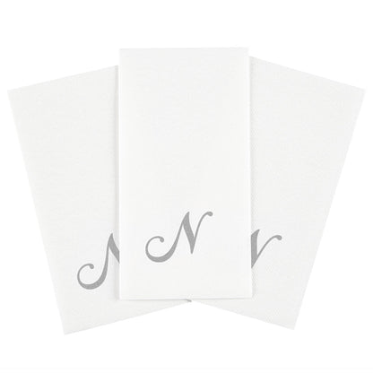 Luxenap Rectangle Silver Letter N White Paper Linen-Feel Guest Towel / Napkin - Air Laid, Cursive Font - 15 3/4" x 8" - 50 count box