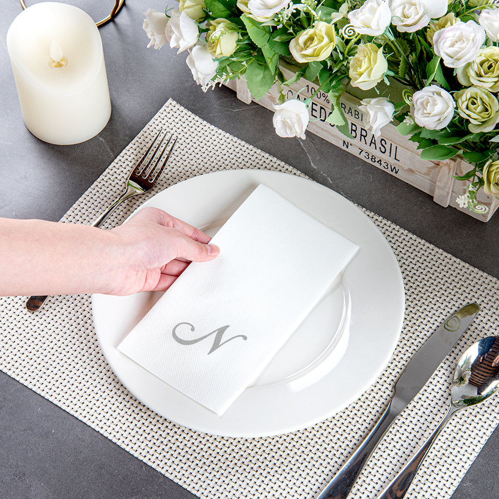 Luxenap Rectangle Silver Letter N White Paper Linen-Feel Guest Towel / Napkin - Air Laid, Cursive Font - 15 3/4" x 8" - 50 count box