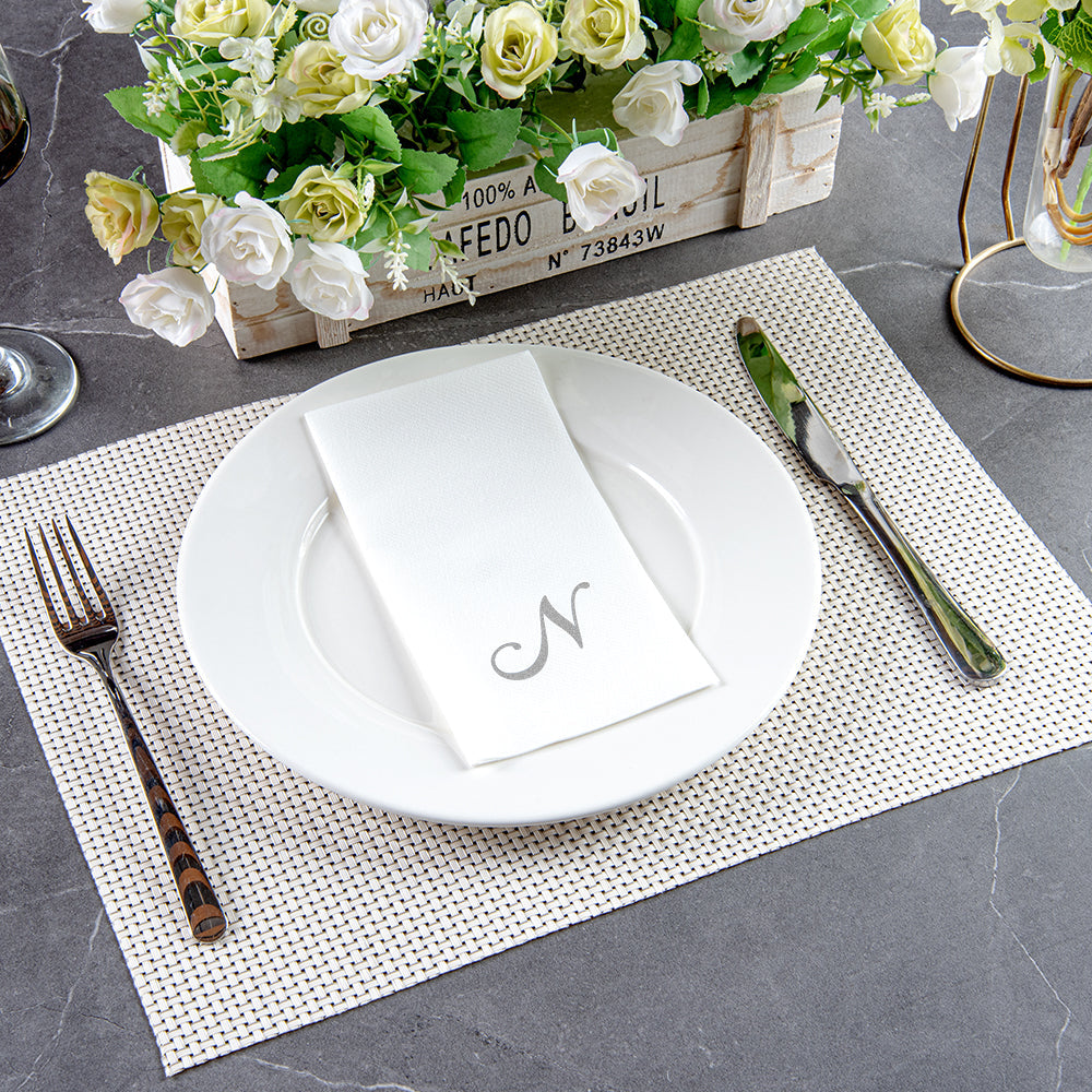 Luxenap Rectangle Silver Letter N White Paper Linen-Feel Guest Towel / Napkin - Air Laid, Cursive Font - 15 3/4" x 8" - 2000 count box