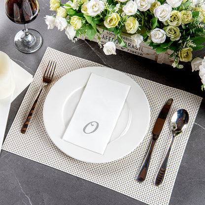 Luxenap Rectangle Silver Letter O White Paper Linen-Feel Guest Towel / Napkin - Air Laid, Cursive Font - 15 3/4" x 8" - 50 count box