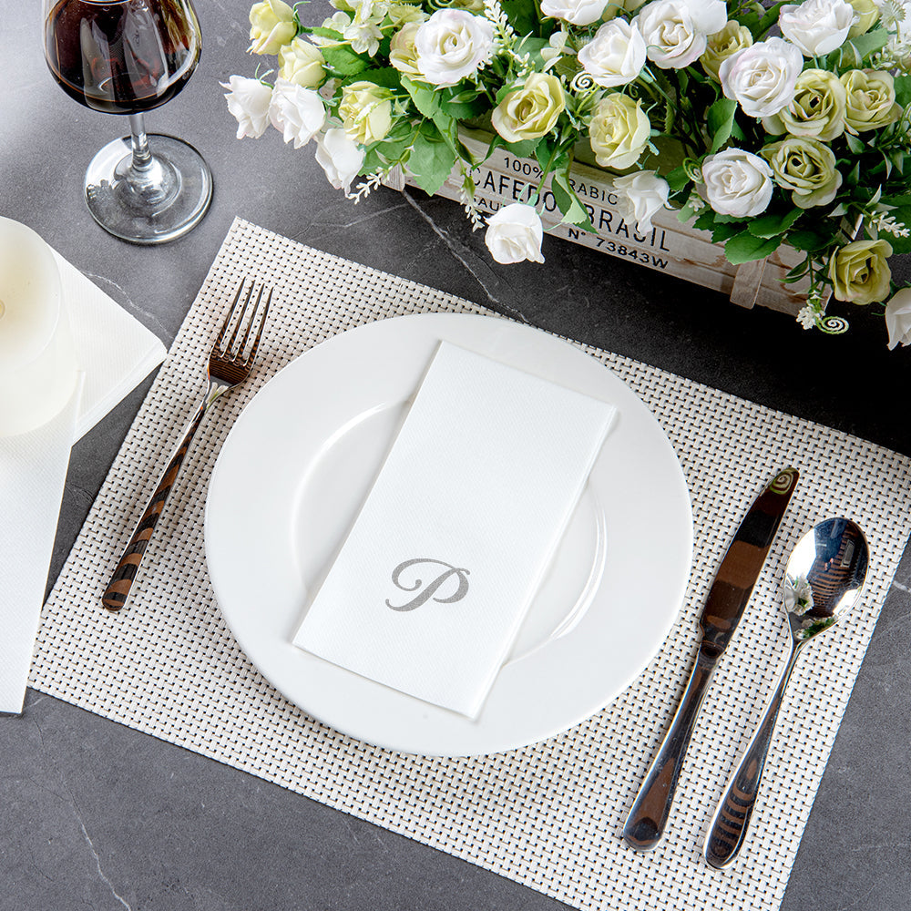 Luxenap Rectangle Silver Letter P White Paper Linen-Feel Guest Towel / Napkin - Air Laid, Cursive Font - 15 3/4" x 8" - 2000 count box