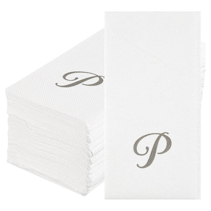 Luxenap Rectangle Silver Letter P White Paper Linen-Feel Guest Towel / Napkin - Air Laid, Cursive Font - 15 3/4" x 8" - 50 count box