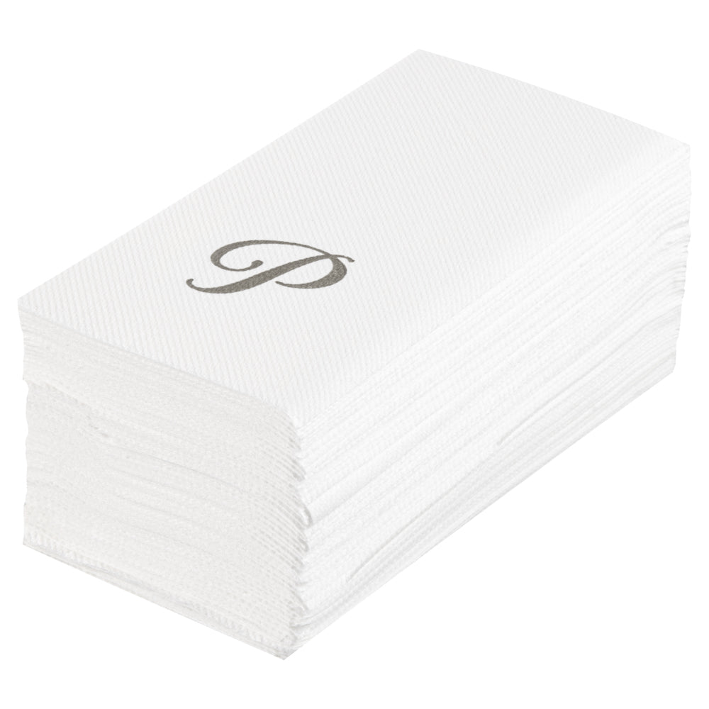 Luxenap Rectangle Silver Letter P White Paper Linen-Feel Guest Towel / Napkin - Air Laid, Cursive Font - 15 3/4" x 8" - 50 count box