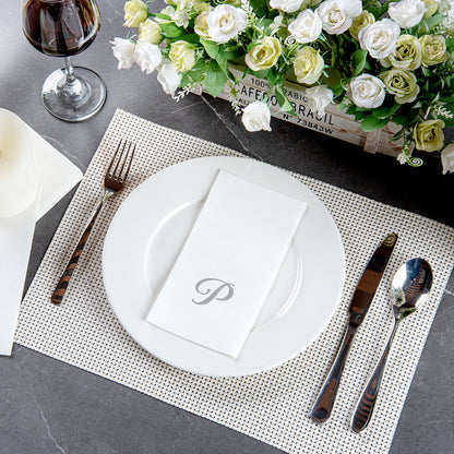 Luxenap Rectangle Silver Letter P White Paper Linen-Feel Guest Towel / Napkin - Air Laid, Cursive Font - 15 3/4" x 8" - 50 count box