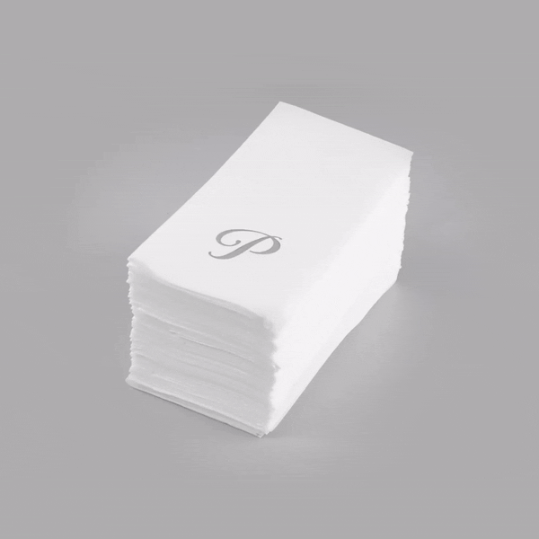 Luxenap Rectangle Silver Letter P White Paper Linen-Feel Guest Towel / Napkin - Air Laid, Cursive Font - 15 3/4" x 8" - 50 count box